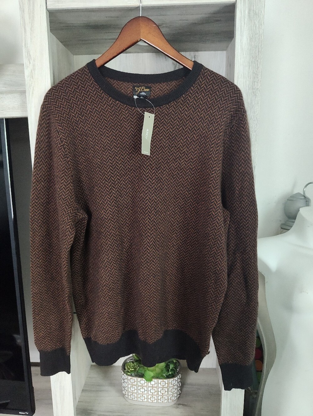 J. Crew Brown Herringbone Crewneck Sweater with Black Trim %100 Cashmere, New!